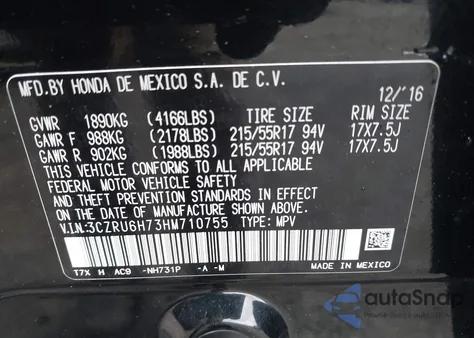 2017 Honda Hr-V Ex-L z USA, uszkodzony, nr VIN 3CZRU6H73HM710755